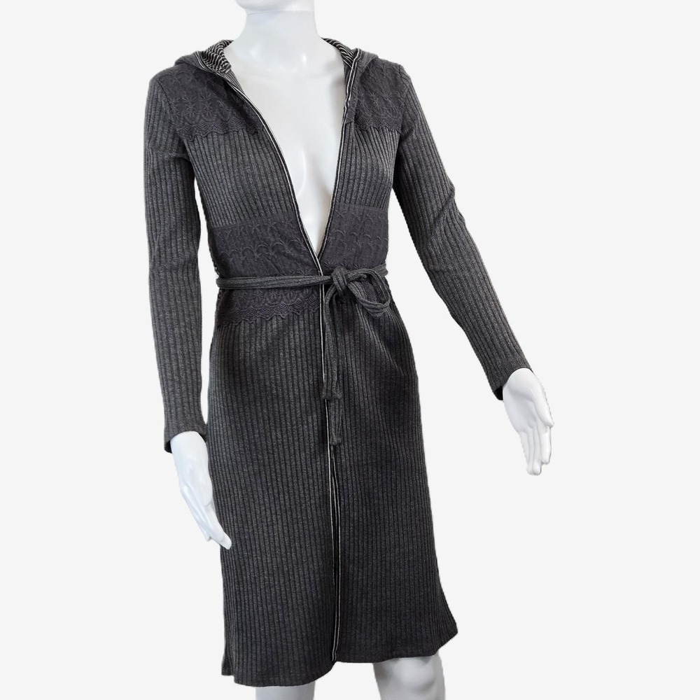 Kids Grey Hooded Cardigan Sweater Lace Trim Belted Long Sleeve - Size 12